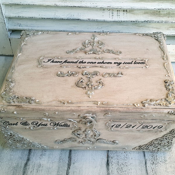 Ivory silver wooden wedding card box,Silver vintage baroque ornaments,Personalization-the names and the wedding date. Ivory silver card box