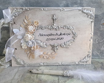 Ivory and silver wedding guest book, Personalised Wedding Guest Book Wood,Wooden Coves Album, Vintage book, Rustic guest book,Wedding album