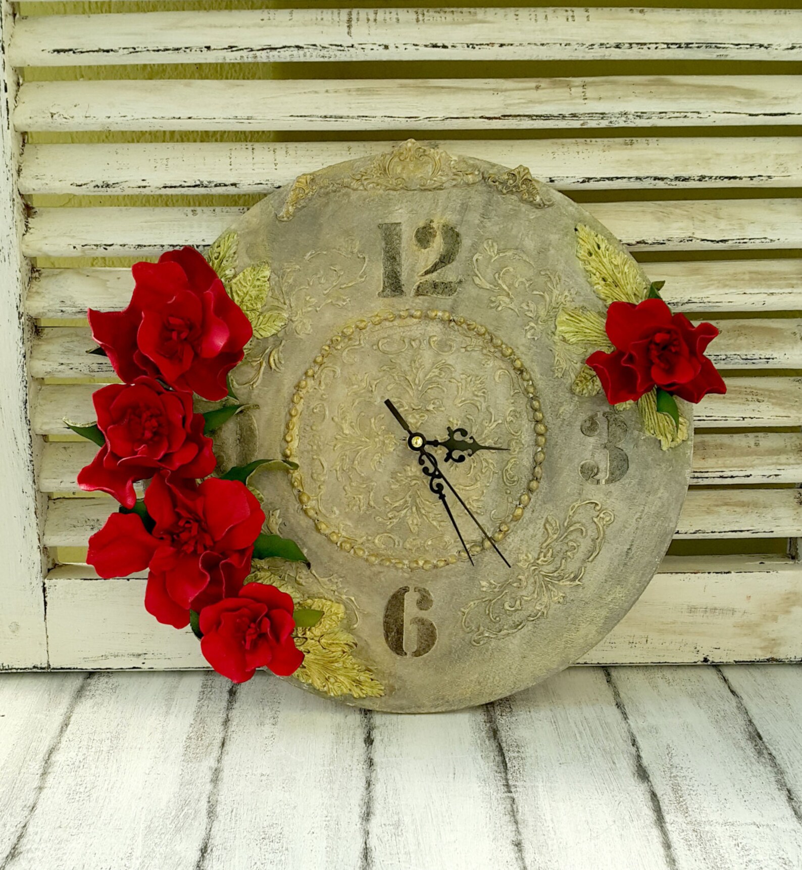 Wood Wall Clock Chic Red Roses Clock Rustic Leather Roses Etsy
