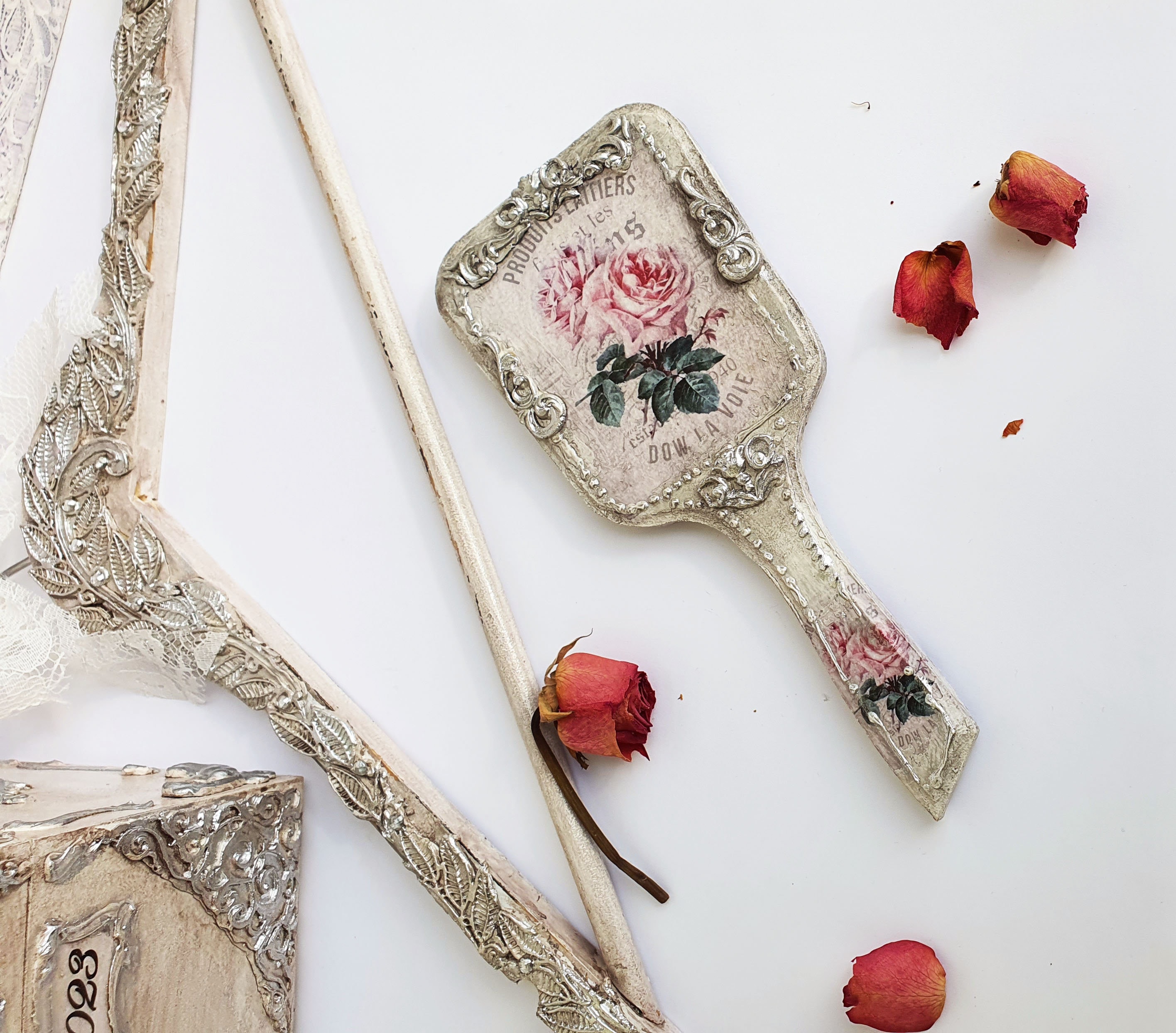 Vanity Hand Mirror, Wooden Mirror,shabby Chic Roses Mirror,ornate