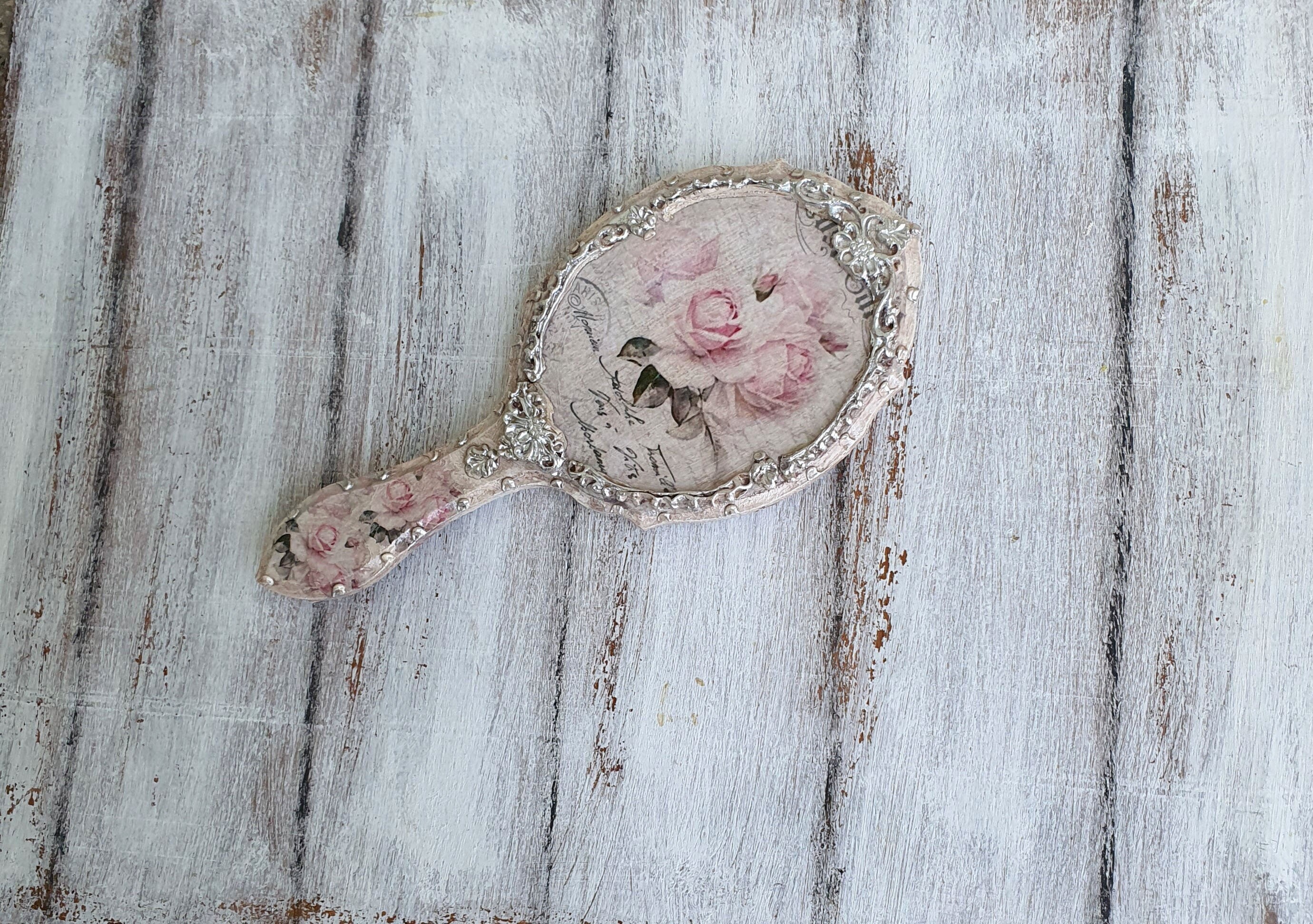 Vanity Hand Mirror, Wooden Mirror,Shabby chic Mirror,Ornate French Make up Mirror,Personalized gift, Antique Vanity set,Roses mirror