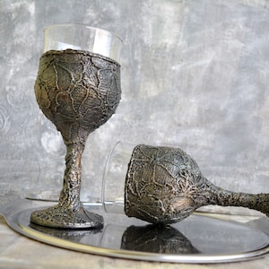Custom Made Wine Glasses,Collectibles,Antique,Wedding glasses,Silver metalic,Relievo textured, Set of two, Silver goblet
