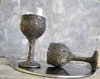 Custom Made Wine Glasses,Collectibles,Antique,Wedding glasses,Silver metalic,Relievo textured, Set of two, Silver goblet