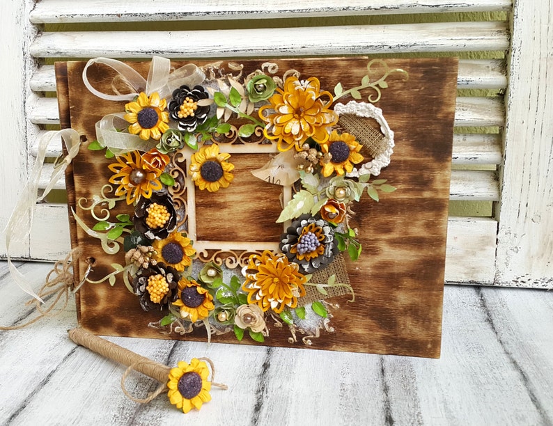 Sunflowers wedding book,Unique Wedding Guest Book,Rustic Wedding Guest Book Personalized guest book,Custom order wedding guestbook,Wooden
