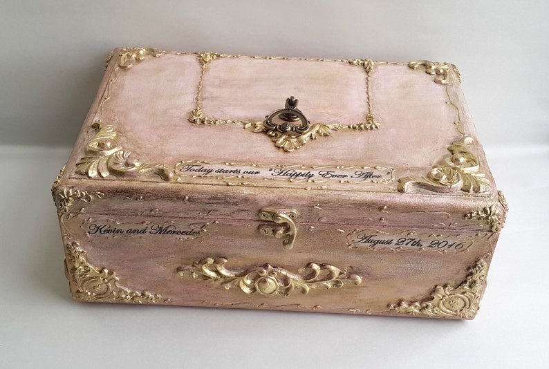 Blush pink gold wooden wedding card box,Golden vintage baroque ornaments,Personalization-the names and the wedding date. Blush gold card box image 1