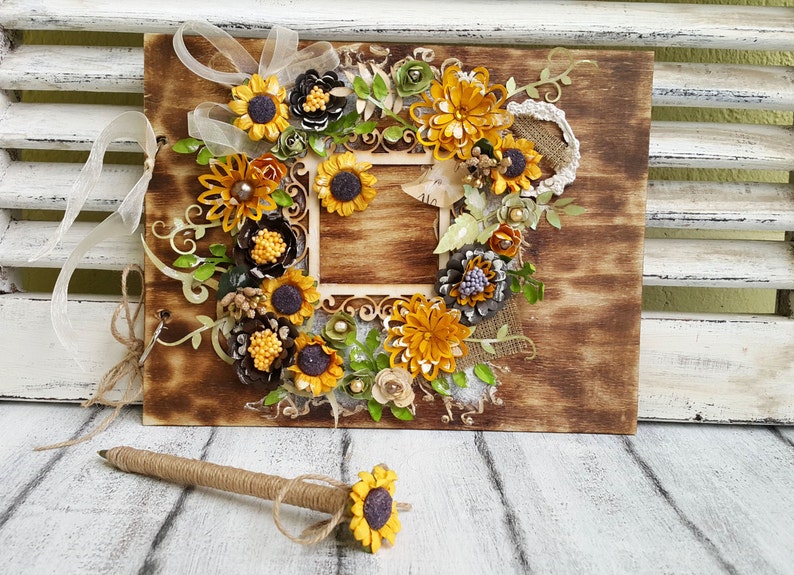 Sunflowers wedding book,Unique Wedding Guest Book,Rustic Wedding Guest Book Personalized guest book,Custom order wedding guestbook,Wooden
