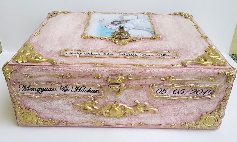 Blush pink gold wooden wedding card box,Golden vintage baroque ornaments,Personalization-the names and the wedding date. Blush gold card box image 6