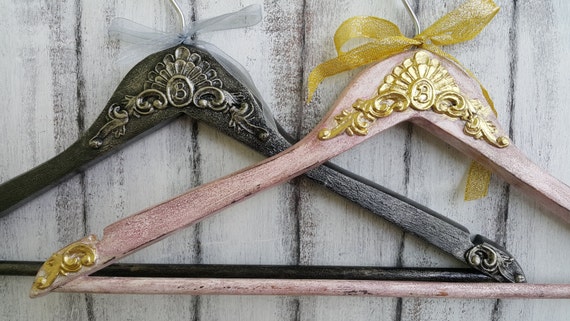 gold wedding dress hanger Bride and Groom Wedding Dress Hangers, Gold Blush Bridal Hanger, Black and Gold  Hangers, Custom Order, Personalized Hangers, Wedding Gift