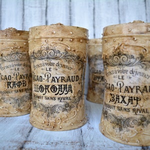 Canisters, Kitchen canisters,Set of 6,Tin boxes,Decoupaged storage boxes,Spice canister set,Spice rack,Kitchen gift, Spice boxes,French chic