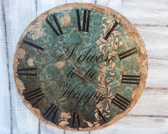 Holz Wanduhr, Einzigartige Retro Hand verzierte Wanduhr, Kaminuhr, Strand Dekor Wanduhr, Türkis Rustikale Wanduhr, Wanduhr aus Holz, 30 cm