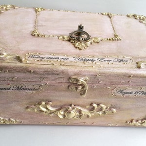 Blush pink gold wooden wedding card box,Golden vintage baroque ornaments,Personalization-the names and the wedding date. Blush gold card box image 4