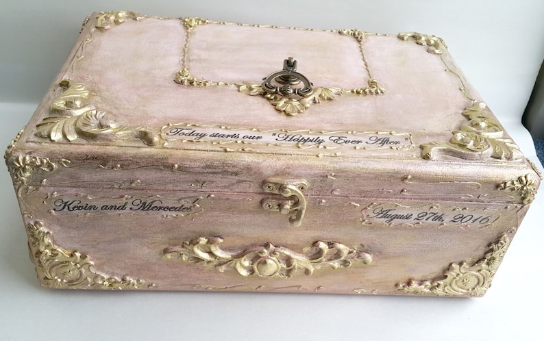 Blush pink gold wooden wedding card box,Golden vintage baroque ornaments,Personalization-the names and the wedding date. Blush gold card box image 4