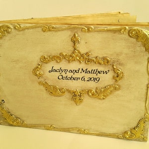 Ivory and gold wedding guest book, Personalised Wedding Guest Book Wood, Wooden Coves Album, Vintage book, Rustic guest book,Wedding album