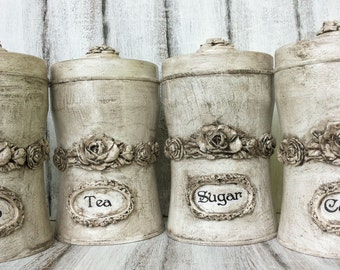 Canister,Kitchen canister,Set of 4,Tin canister,Storage jar,Spice jar,Spice rack,Relievo ornamented,coffee canister,sugar and flour canister