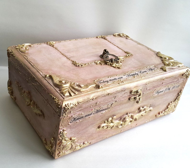 Blush pink gold wooden wedding card box,Golden vintage baroque ornaments,Personalization-the names and the wedding date. Blush gold card box image 3