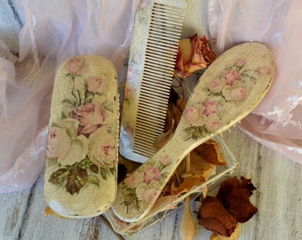 Decoupaged Wooden Shabby chic Hairbrush and comb set,Case for glasses, Rustic Deco Hair Custom set,Personalized gift,Shower party gift