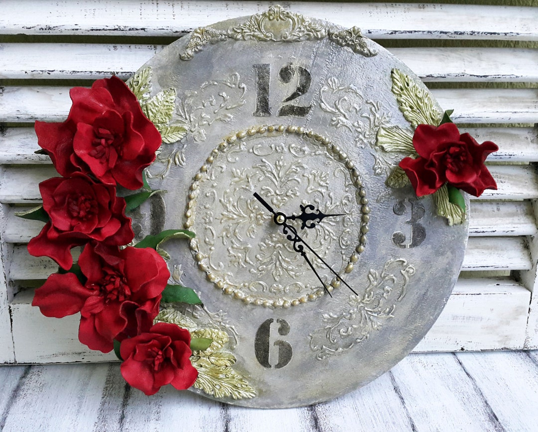 Wood Wall Clock Chic, Red Roses Clock Rustic, Leather Roses Wall Clock ...