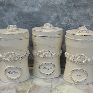 Canister,Kitchen canister,Set of 3,Tin canister,Storage jar,Cream with chocolate rub,Spice rack,coffee canister,sugar and flour canister
