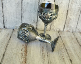 Custom Made Wine Glasses,Personalized glasses,Wedding glasses,Silver glasses,Silver Goblets,Hand painted glasses,Ornamented glasses, Goblets