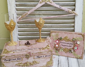 Blush and gold wedding set,Wedding guest book,Wedding card box,Wedding dress hanger,Custom order wedding set,Personalized set,Wedding flutes