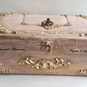 Blush pink gold wooden wedding card box,Golden vintage baroque ornaments,Personalization-the names and the wedding date. Blush gold card box image 2