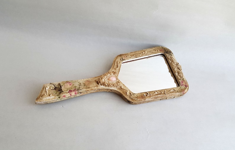 Miroir à main de vanité, miroir en bois, miroir de roses shabby chic, miroir de maquillage Français orné, cadeau personnalisé, ensemble de vanité baroque, miroir de sac à main image 3