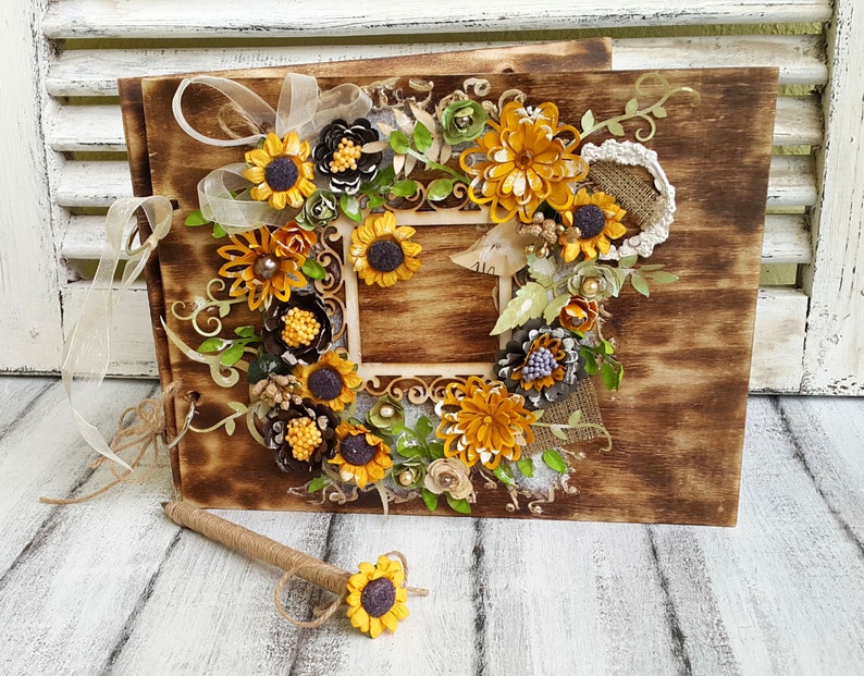 Sunflowers wedding book,Unique Wedding Guest Book,Rustic Wedding Guest Book Personalized guest book,Custom order wedding guestbook,Wooden