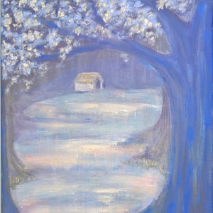 Across the Lake, acrylic painting on canvas, original imaginative scenic painting, woodland scene, blue trees dreamy fairytale landscape UK