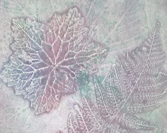 Botanical printmaking, lilac pink and soft turquoise, subtle fern and garden leaves imprint, original leaf monoprint, Nature Fine Art UK