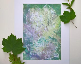 Leaf Print Fine Art, Botanical printmaking, subtle layered garden leaves, fresh greens and lilacs, original leaf monoprint, nature art UK