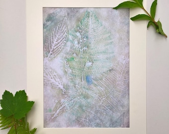 Monoprint: Subtle Misty Leaves Imprint, neutral beige dull green, original fern and garden leaf botanical printmaking, nature fine art UK