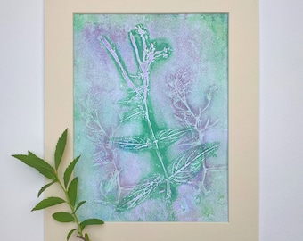 Leaf Monoprint, original subtle layered nature art, Lilac and Green Wild Flowers, botanical printmaking, handprinted home decor, fine art UK