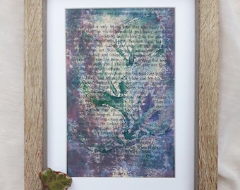 Monoprint: layered teal and lilac garden leaves imprint, original nature printmaking, recycled page Fellowship of Ring, LotR gift idea UK