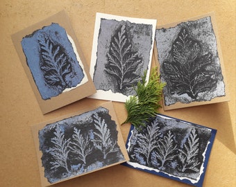 Set of 5 Christmas cards, Handmade unique rustic tree cards, original monoprints on black paper, collage leylandi prints, fine art UK