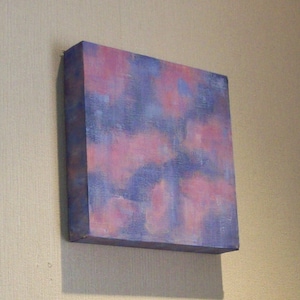 Abstract painting; acrylic painting in rose pink and blues, small boxframe canvas, original, hand painted abstract, sunrise clouds art UK