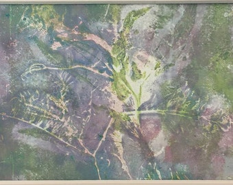 Monoprint: 'small coastal leaves', subtle nature print, green teal lilac grey, small original layered leaf printmaking by Art Elephant