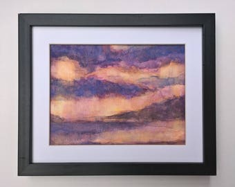 Abstract Landscape Watercolour painting, subtle sunset art, violet blue clouds, yellow orange evening sky, island silhouette reflection