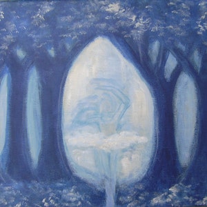 May include: A painting of a white figure in a blue forest. The figure is surrounded by a white glow and appears to be a woman in a white dress. The trees are tall and slender, with blue trunks and white branches.
