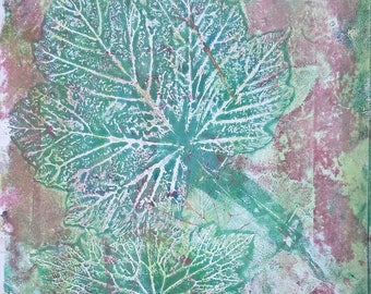 Botanical printmaking, sycamore and wild geranium leaves imprint, fresh greens and warm maroon, original leaf monoprint, nature fine art UK