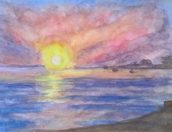 Sierra Leone Aquarelle Peinture Coucher De Soleil Sur La Mer Au Port De Lungi Art Côtières Original Peint à La Main Jaune Soleil Dans La Réflexion