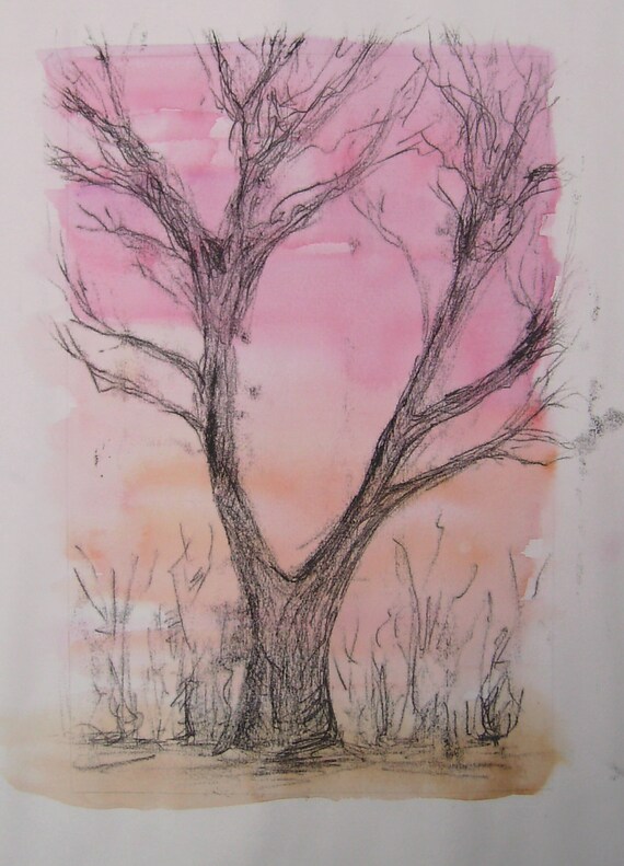 Tree at sunset, original monoprint over red and orange watercolour wash on paper, Autumn evening, printmaking sketch, tree print UK