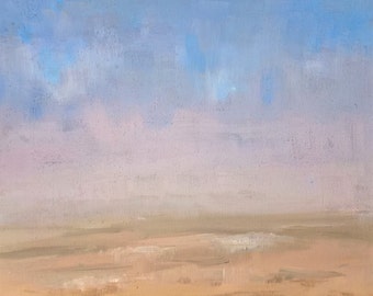 Plein Air Landscape painting: Mist from the Sea, Formby beach, original abstract art, acrylic painting, 10x12 canvas, blue lilac sky, sand