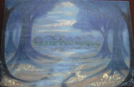 Dreamy landscape painting on canvas, original acrylic painting, blue trees, distant mountains, small flower detail, magical landscape UK