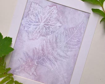 Monoprint: Lilac Leaves Mist, original fern and wild geraium leaf botanical printmaking, subtle light purple pink, nature fine art UK