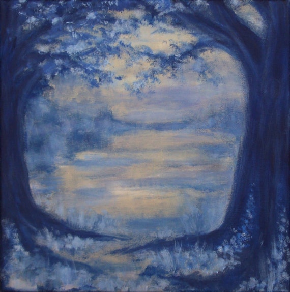 Dreamy Landscape painting: Through the blue trees, original acrylic painting on canvas, 12x12 impressionist, folk art trees and field, UK