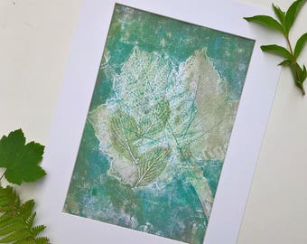 Green Leaves Layered, Botanical printmaking, hand printed sycamore, fern and garden leaves, original leaf monoprint, nature fine art UK