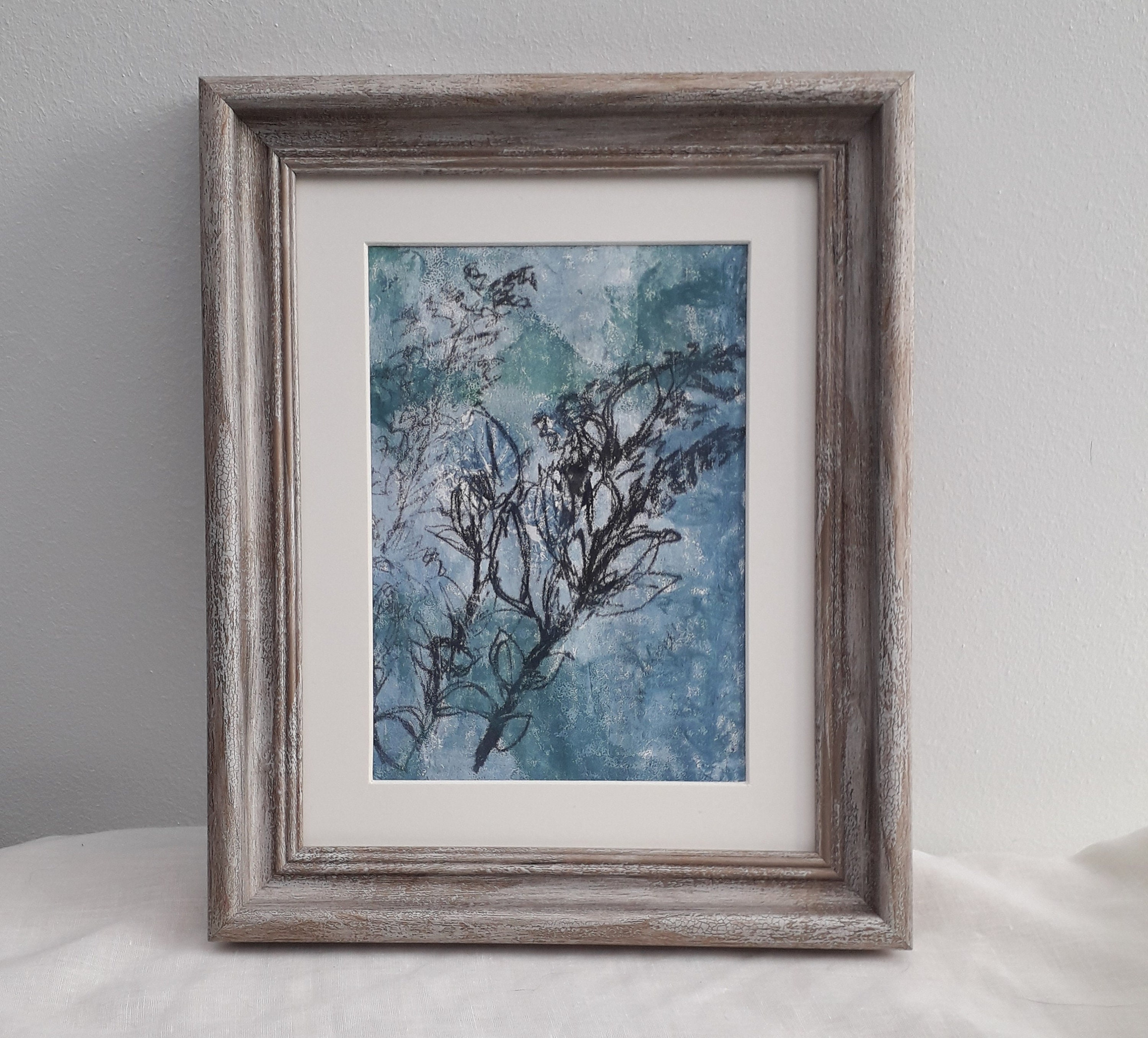 Monoprint 'Teal Garden Leaves Layers', original imprint and sketch monotype, printmaking UK
