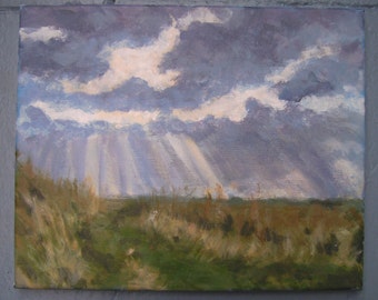 Landscape painting: Marshside, Sunshine through clouds, original en plein air, acrylic on canvas landscape, purple grey, natural green, UK