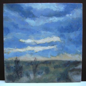 November Sunset, Original Acrylic landscape painting on box frame canvas, Autumn blue and gold sky over marshland painting by ArtElephant.