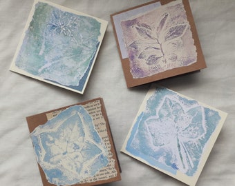 Set of 4 handmade greetings cards, unique leaf monoprint cards, 10cm square cards, leaves print collage, nature fine art UK